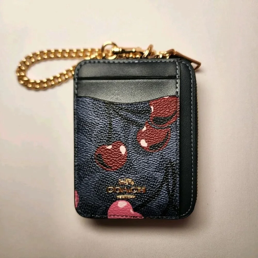 NWT Coach CZ468 Zip Card Case Signature Canvas Cherry Print Denim
